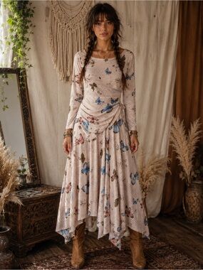 🦋 ANEWSTA Butterfly Print Boho Dress | Size Large (US 8/10)